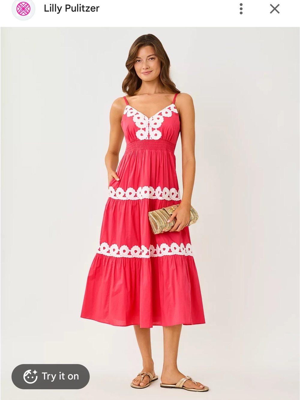 Lilly Pulitzer Coral Tiered Midi Dress with White Lace. Lined